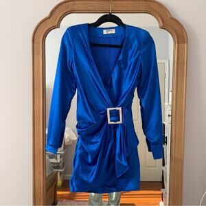HOUSE OF CB Henrietta Rhinestone Belted Cobalt Stunning blue silky satin dress